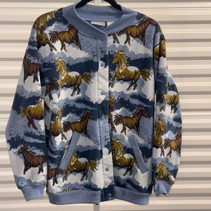Blair Cardigan Jacket Blue Brown Horse Print Size Small